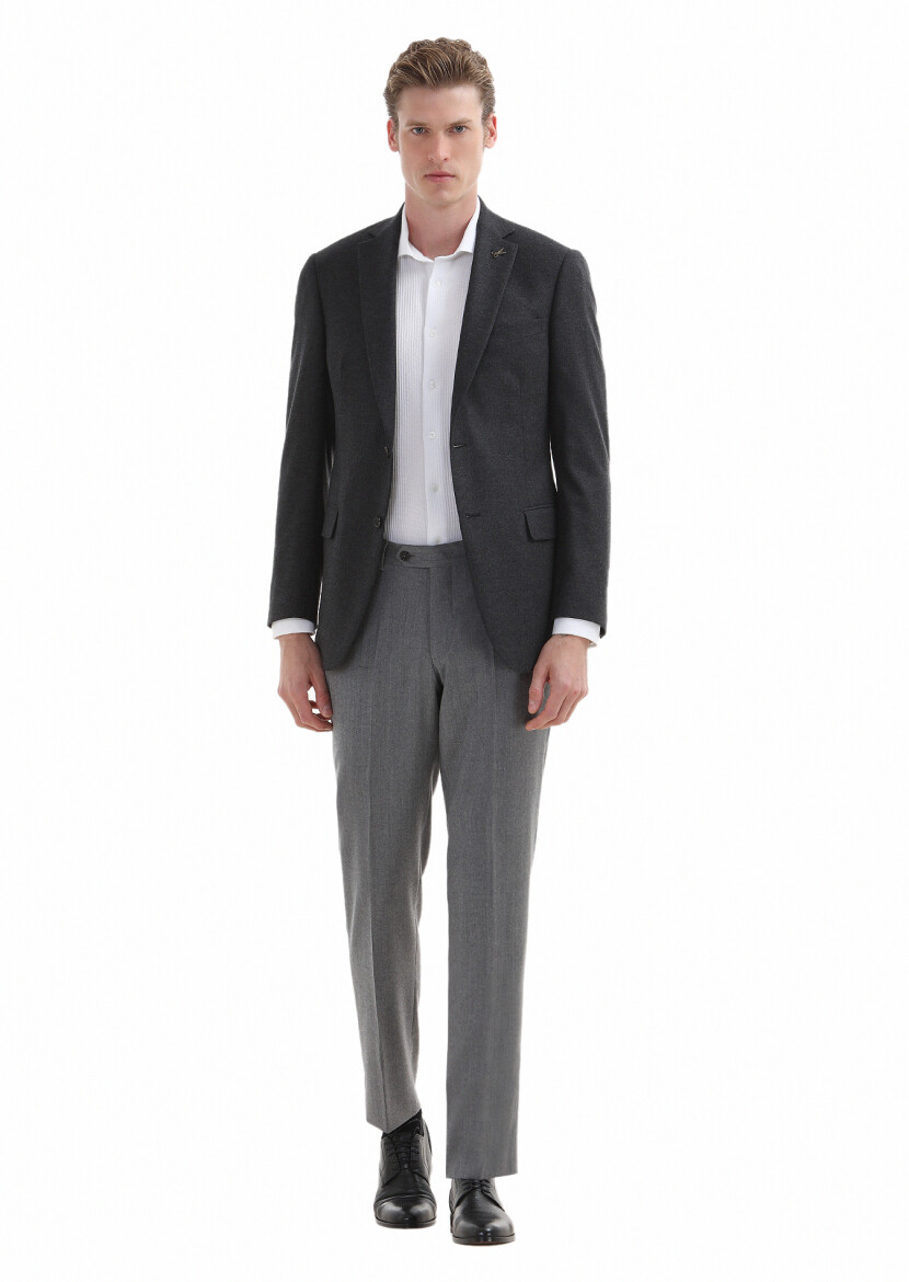 Dark Grey Plain Regular Fit Wool Blended Jacket - 1