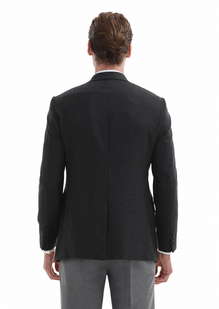 Dark Grey Plain Regular Fit Wool Blended Jacket - 4