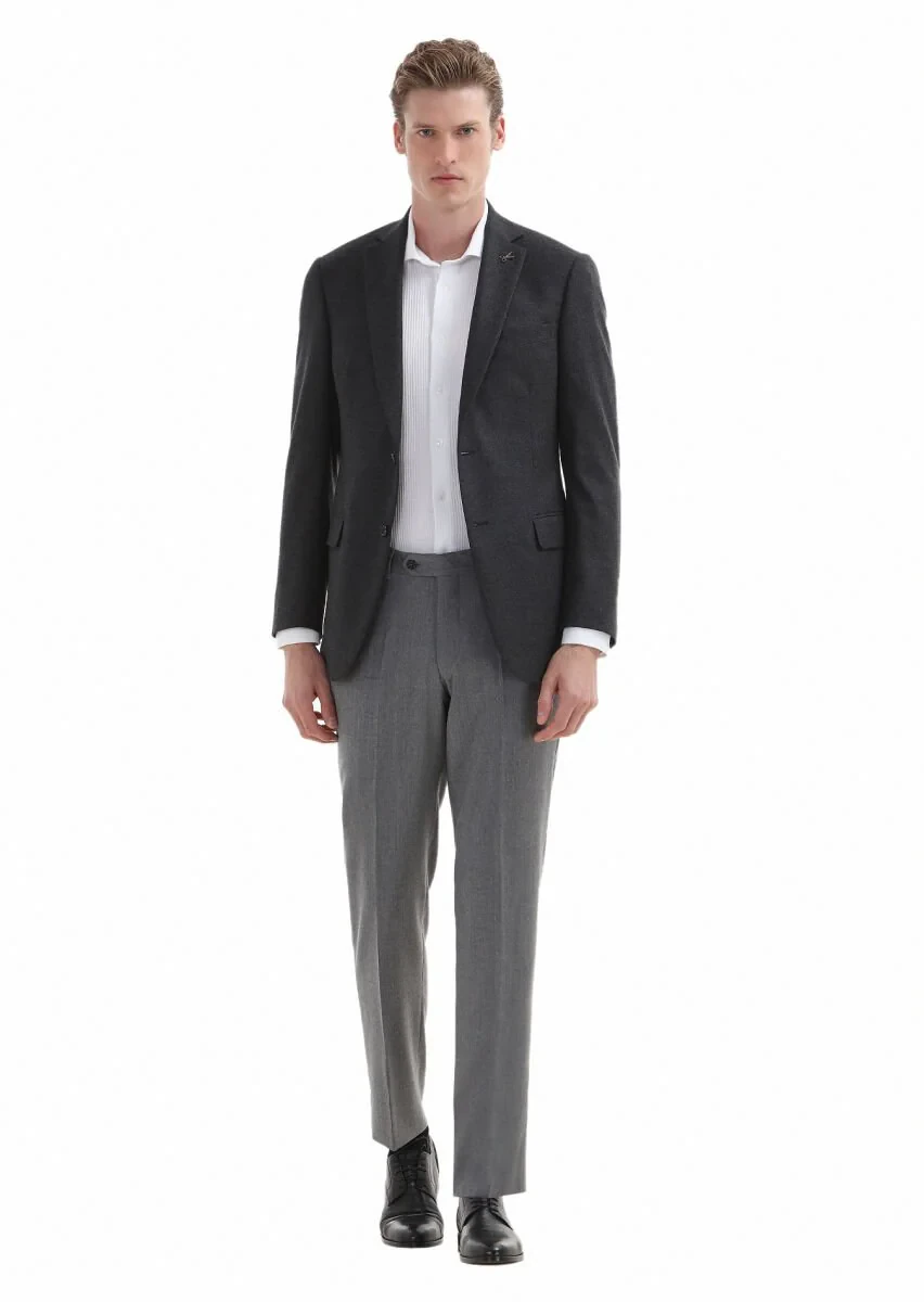 Dark Grey Plain Regular Fit Wool Blended Jacket - 1