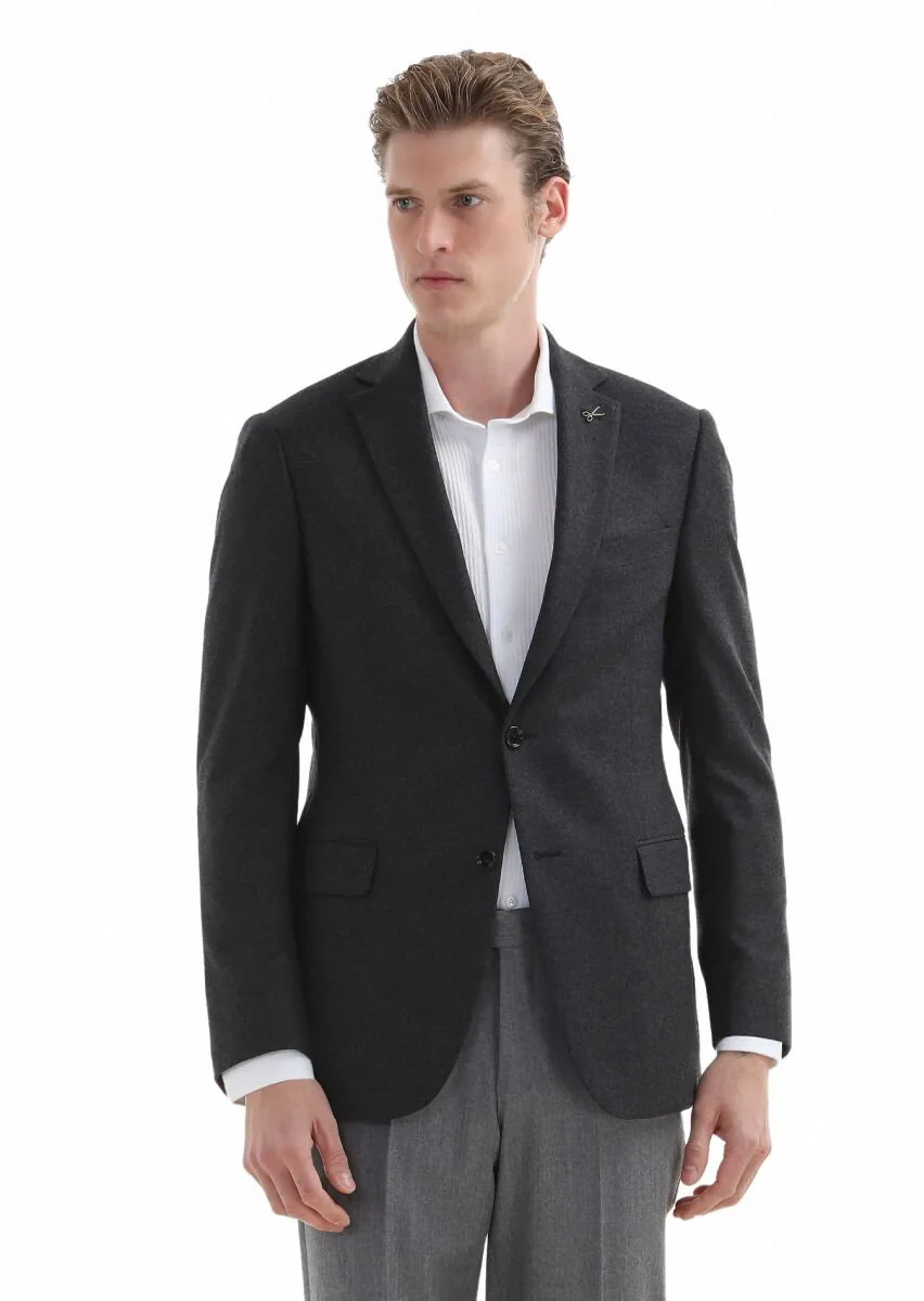 Dark Grey Plain Regular Fit Wool Blended Jacket - 2
