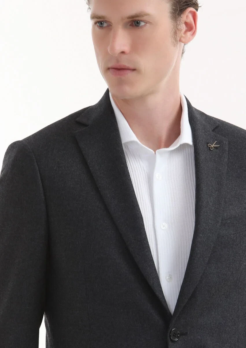Dark Grey Plain Regular Fit Wool Blended Jacket - 3