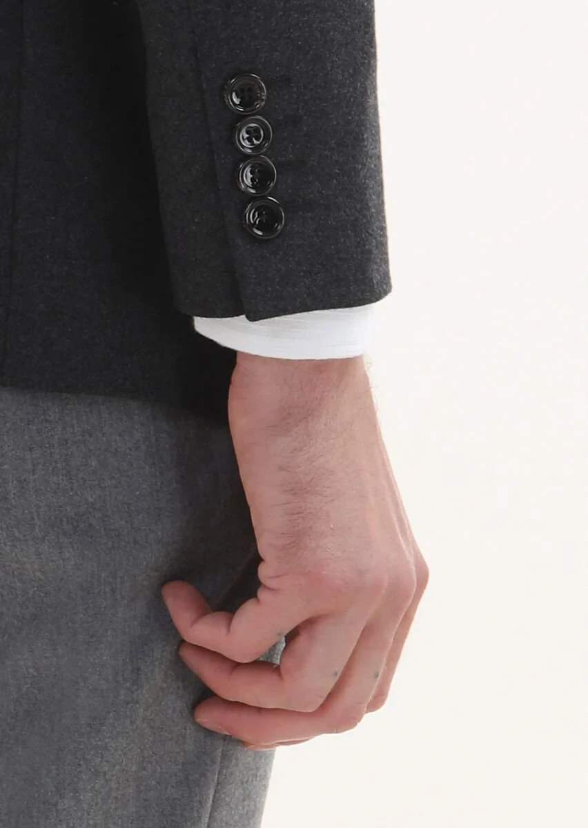 Dark Grey Plain Regular Fit Wool Blended Jacket - 4