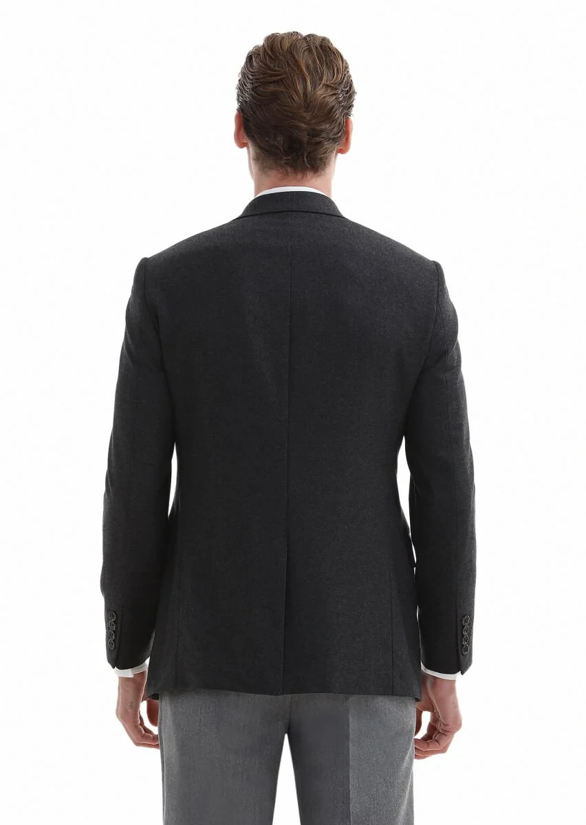 Dark Grey Plain Regular Fit Wool Blended Jacket - 5