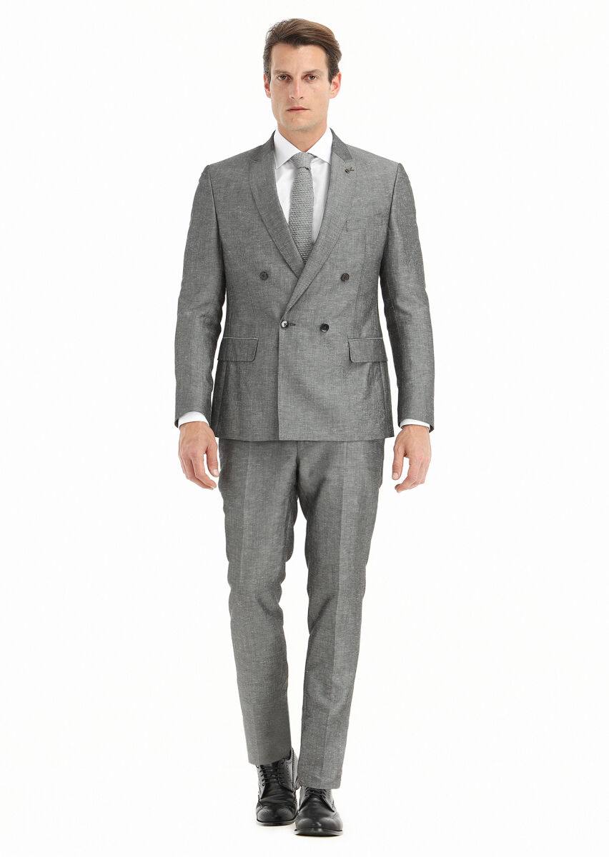 Dark Grey Plain Zeroweight Slim Fit Linen Blended Suit - 1