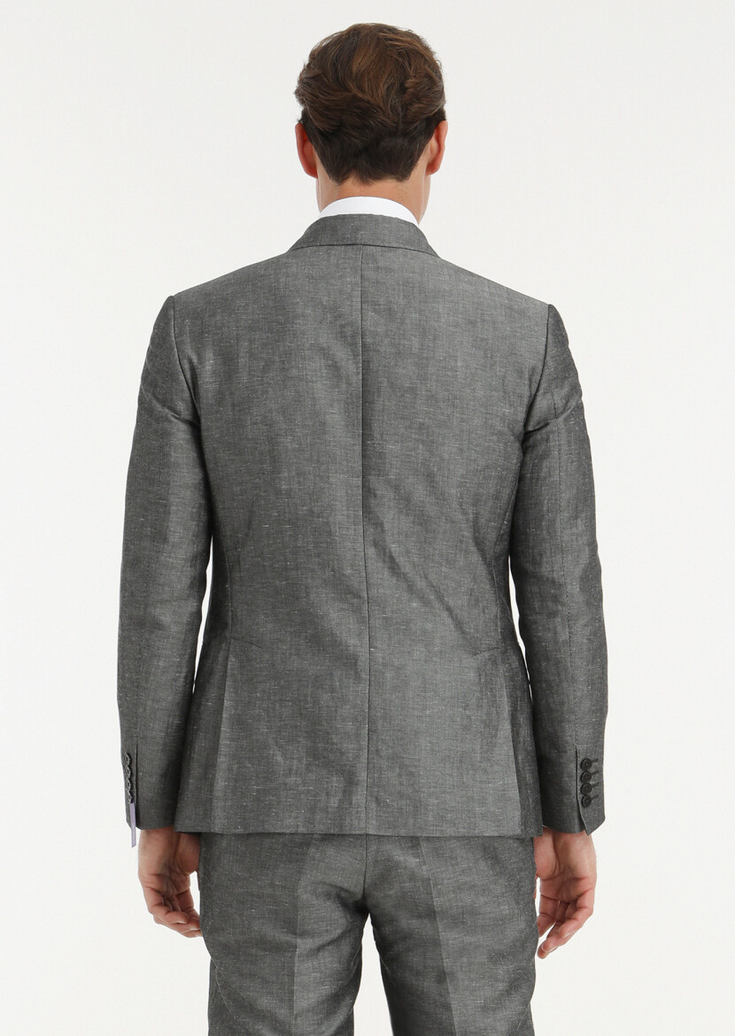 Dark Grey Plain Zeroweight Slim Fit Linen Blended Suit - 3