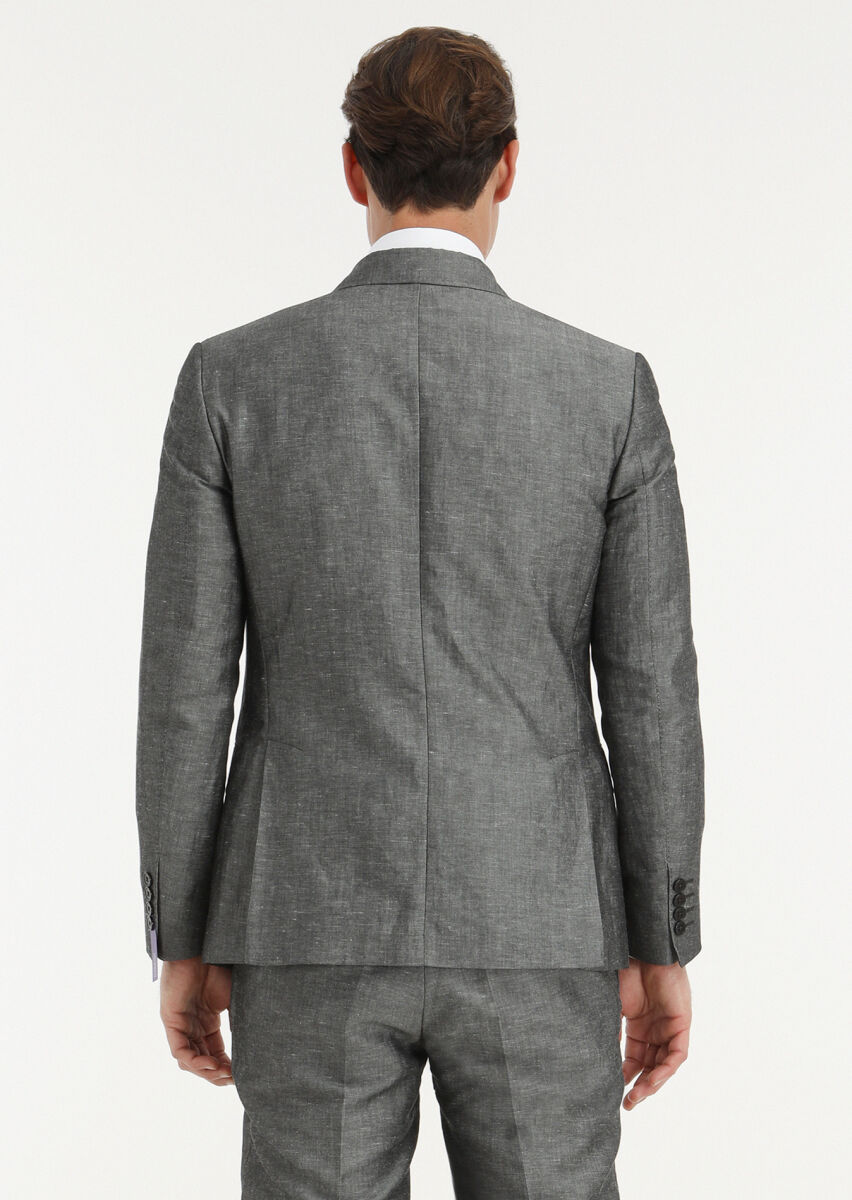 Dark Grey Plain Zeroweight Slim Fit Linen Blended Suit - 3