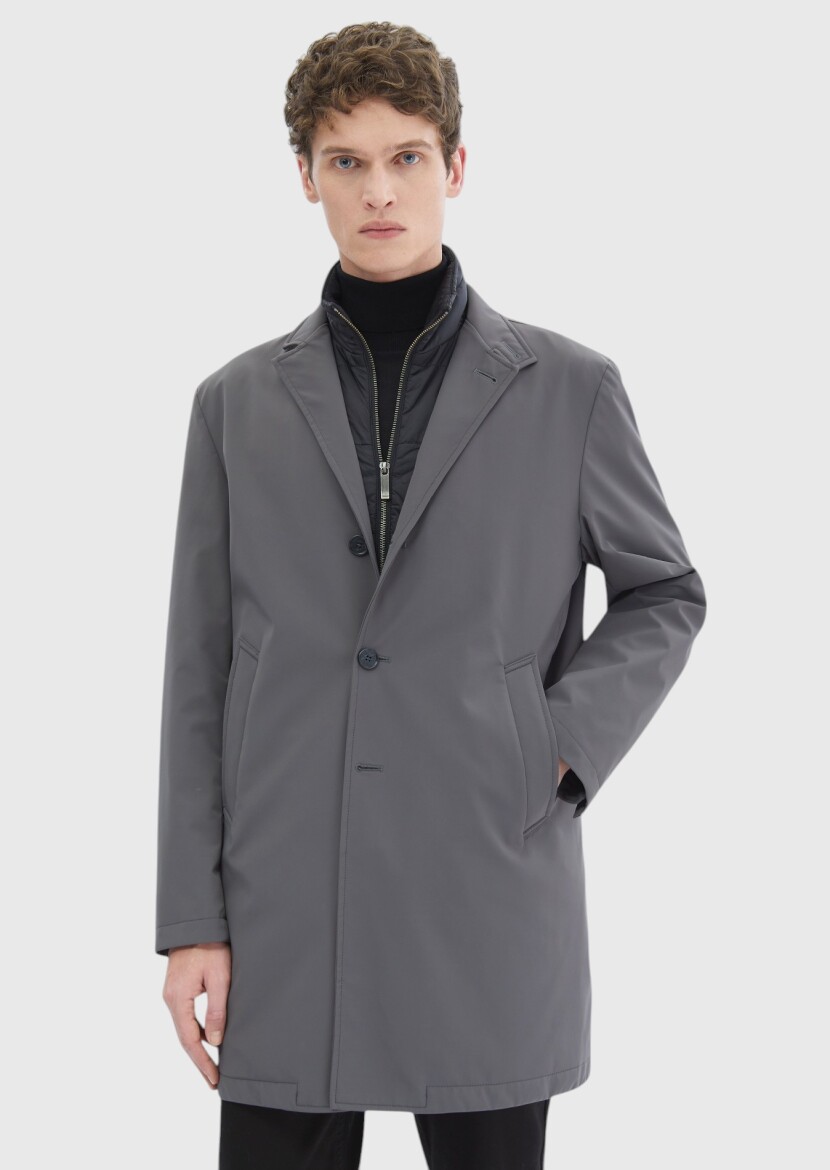 Dark Grey Regular Fit Double Breasted Collar Casual Weaving Rain Coat - 1