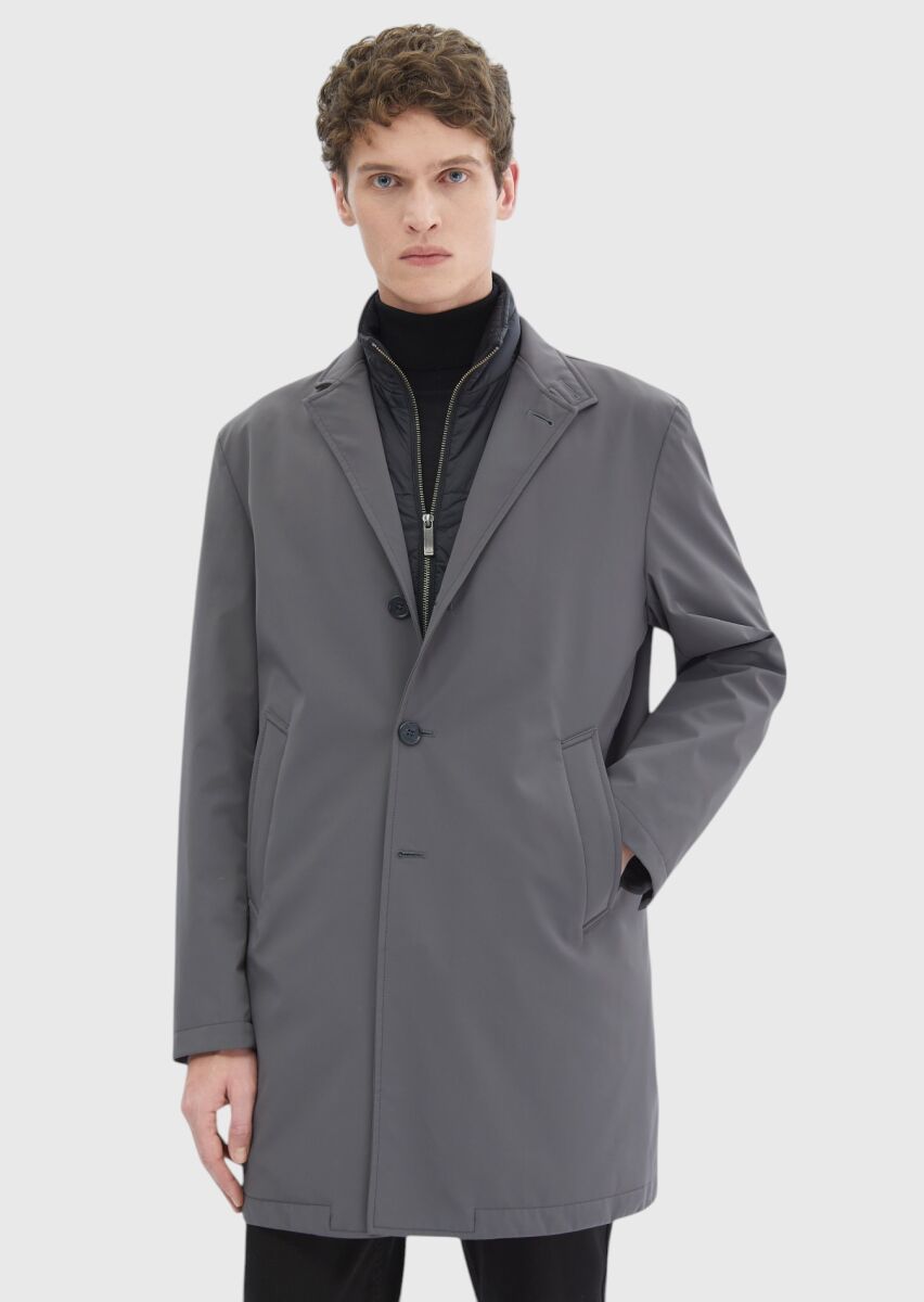 Dark Grey Regular Fit Double Breasted Collar Casual Weaving Rain Coat - 1