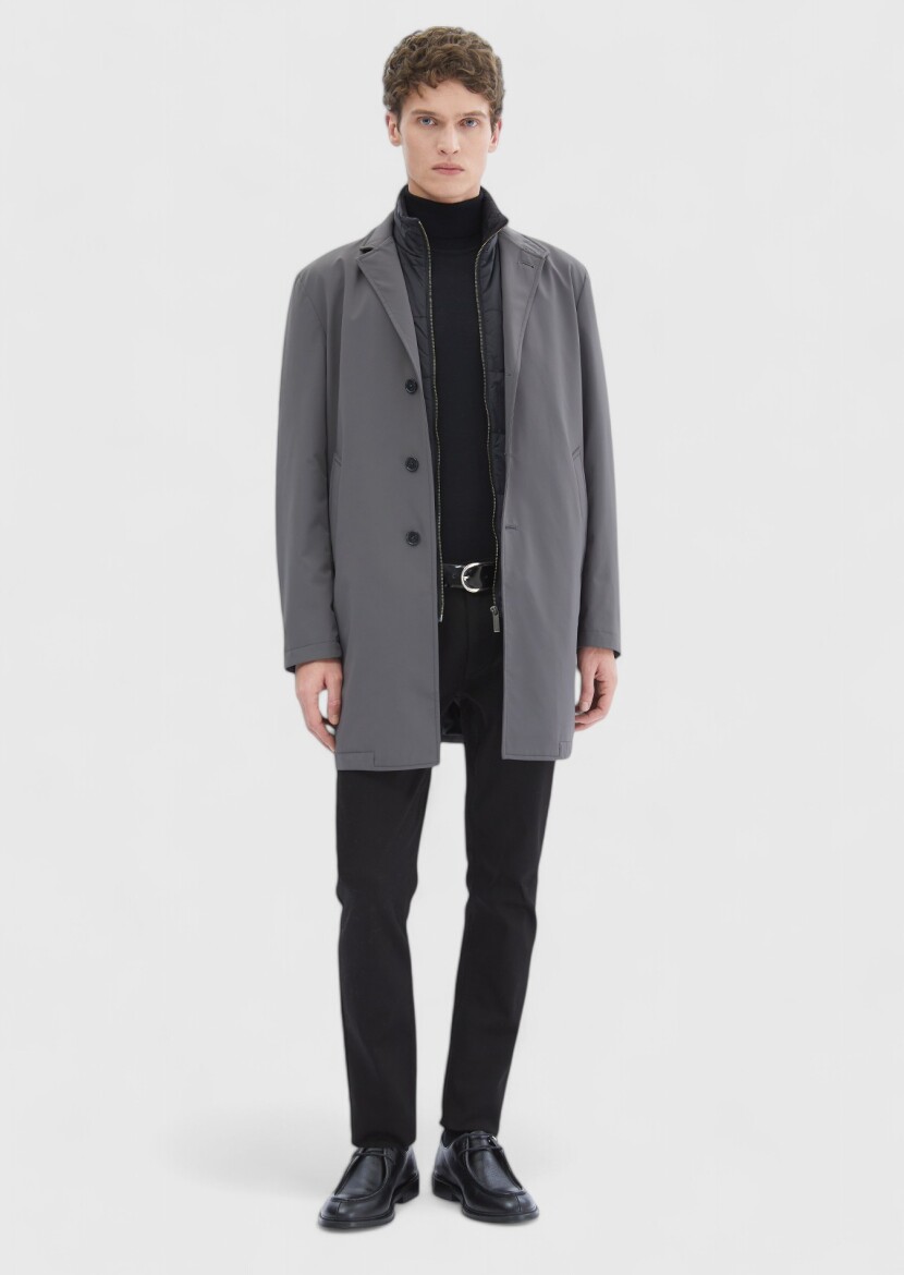 Dark Grey Regular Fit Double Breasted Collar Casual Weaving Rain Coat - 2