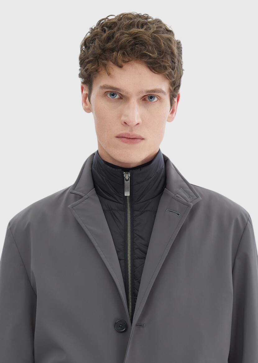 Dark Grey Regular Fit Double Breasted Collar Casual Weaving Rain Coat - 3