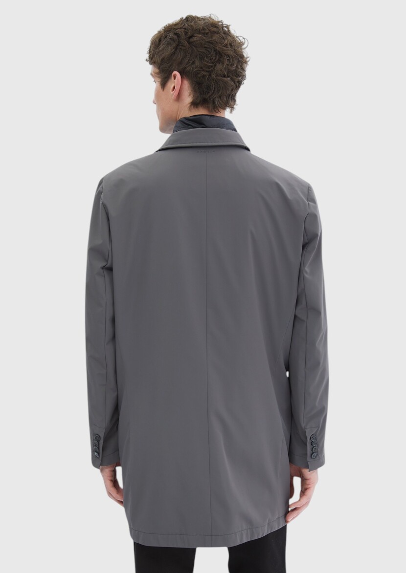 Dark Grey Regular Fit Double Breasted Collar Casual Weaving Rain Coat - 6