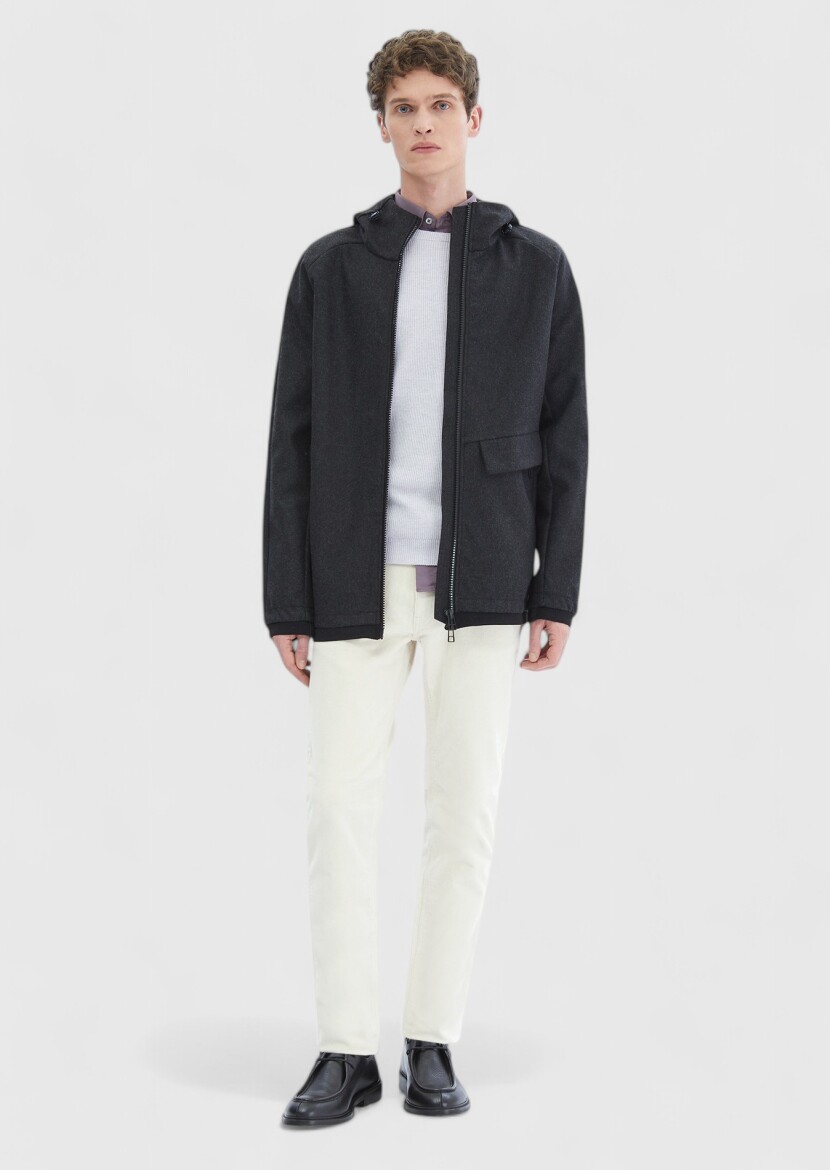 Dark Grey Regular Fit Hooded Denim Weaving Coat - 2