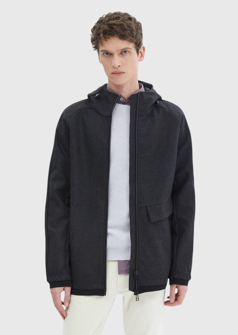 Dark Grey Regular Fit Hooded Denim Weaving Coat - 3