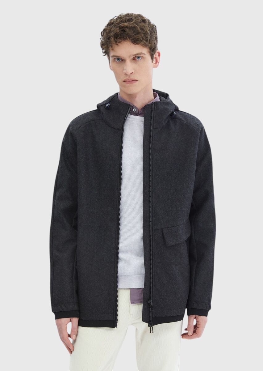 Dark Grey Regular Fit Hooded Denim Weaving Coat - 3