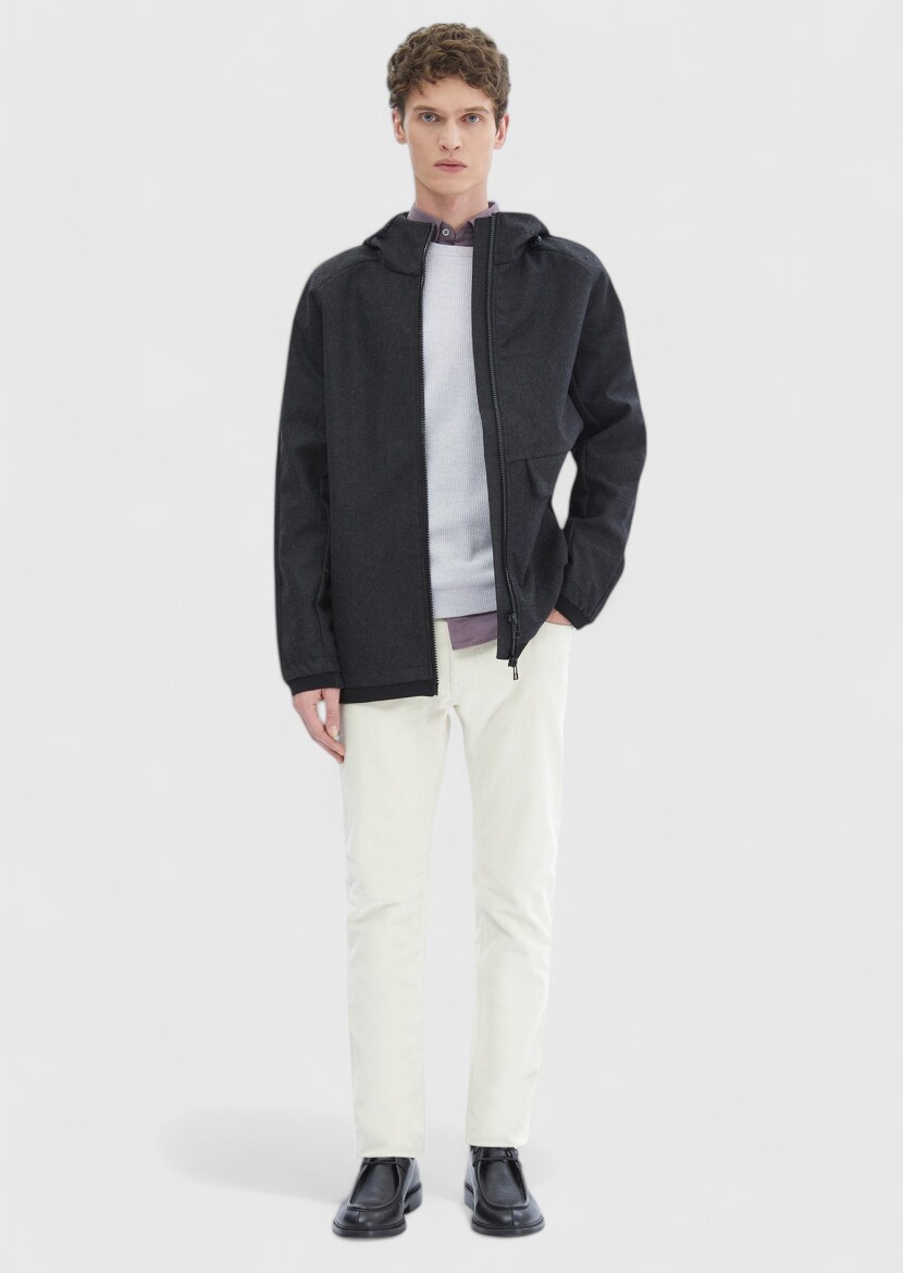 Dark Grey Regular Fit Hooded Denim Weaving Coat - 4