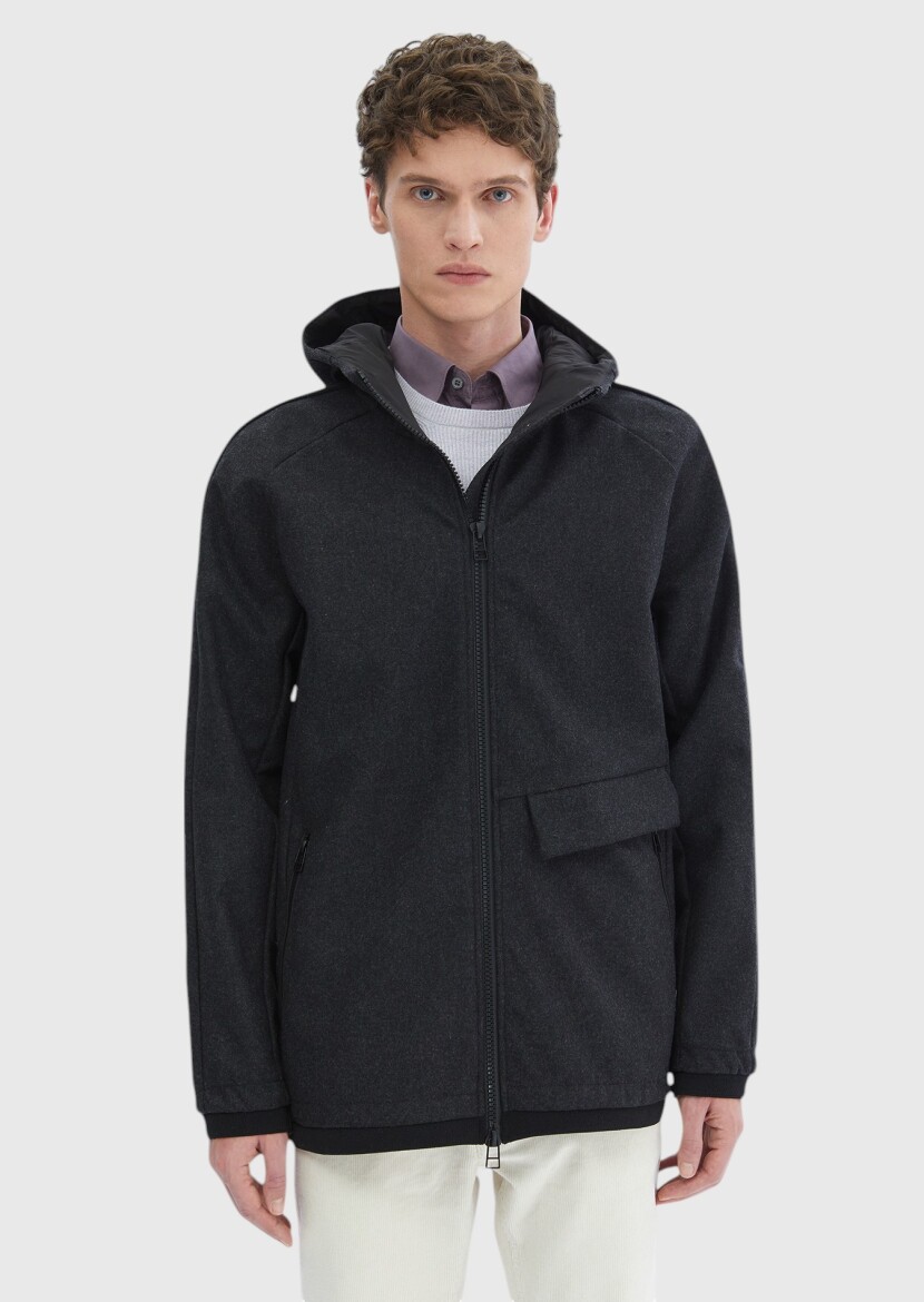 Dark Grey Regular Fit Hooded Denim Weaving Coat - 5