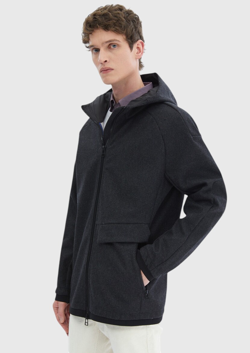 Dark Grey Regular Fit Hooded Denim Weaving Coat - 6