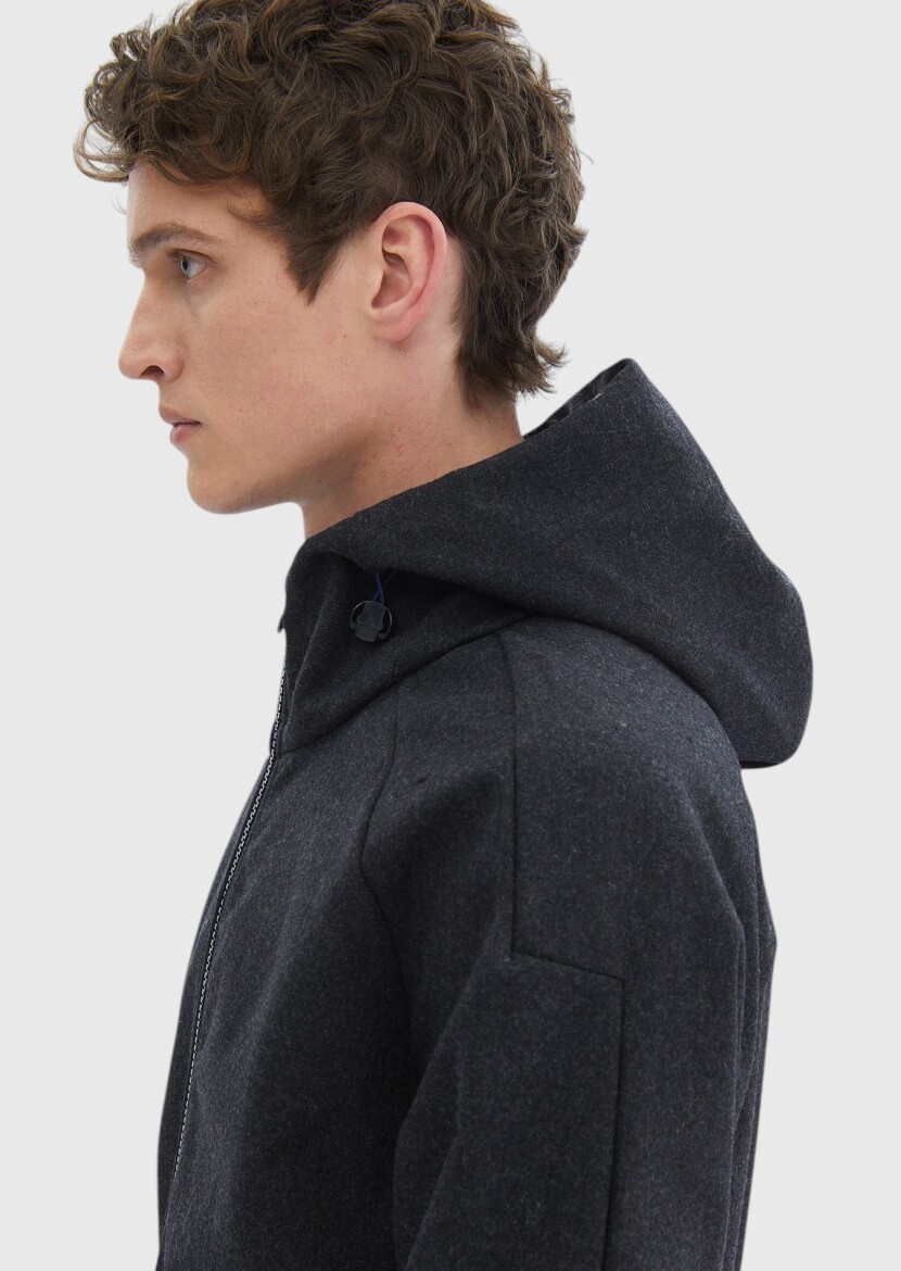 Dark Grey Regular Fit Hooded Denim Weaving Coat - 7