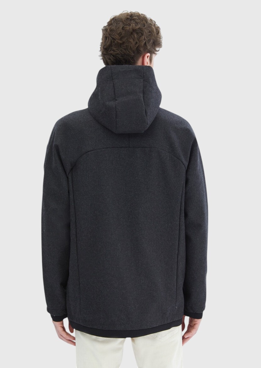 Dark Grey Regular Fit Hooded Denim Weaving Coat - 10