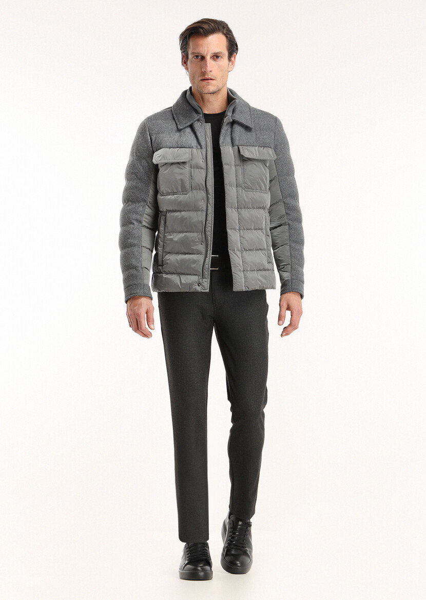 Dark Grey Regular Fit Shirt Collar Casual Weaving Coat - 1