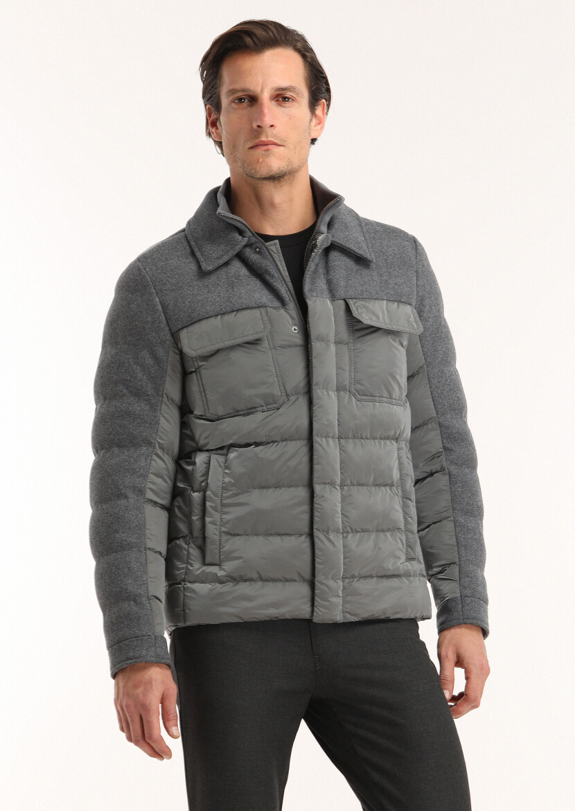 Dark Grey Regular Fit Shirt Collar Casual Weaving Coat - 2