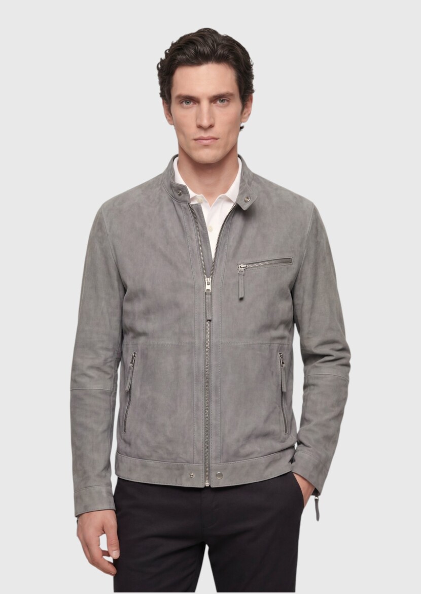 Dark Grey Regular Fit Turtleneck Casual Suede Leather Coat - RAMSEY