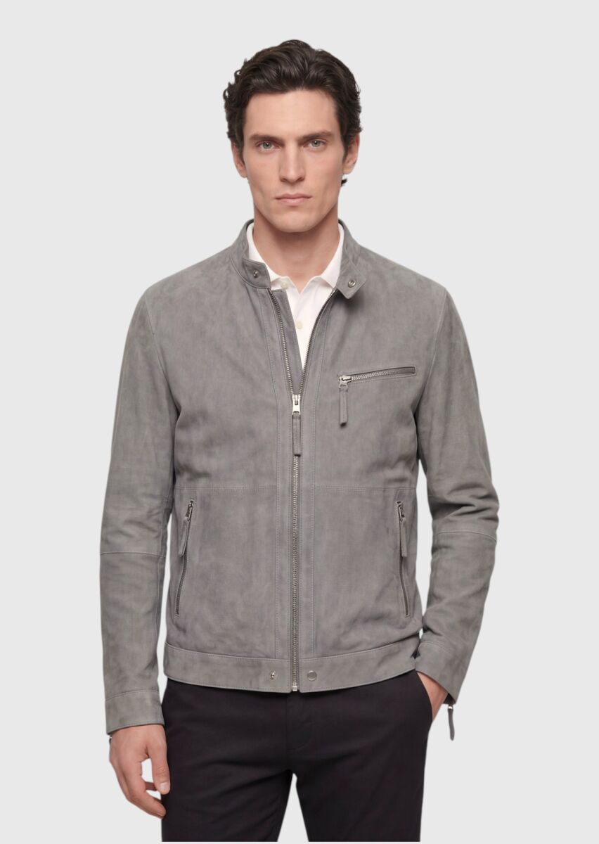 Dark Grey Regular Fit Turtleneck Casual Suede Leather Coat - 1