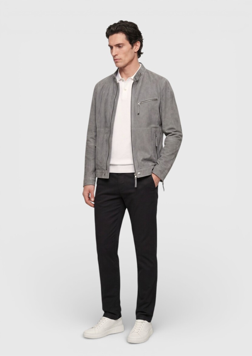 Dark Grey Regular Fit Turtleneck Casual Suede Leather Coat - RAMSEY