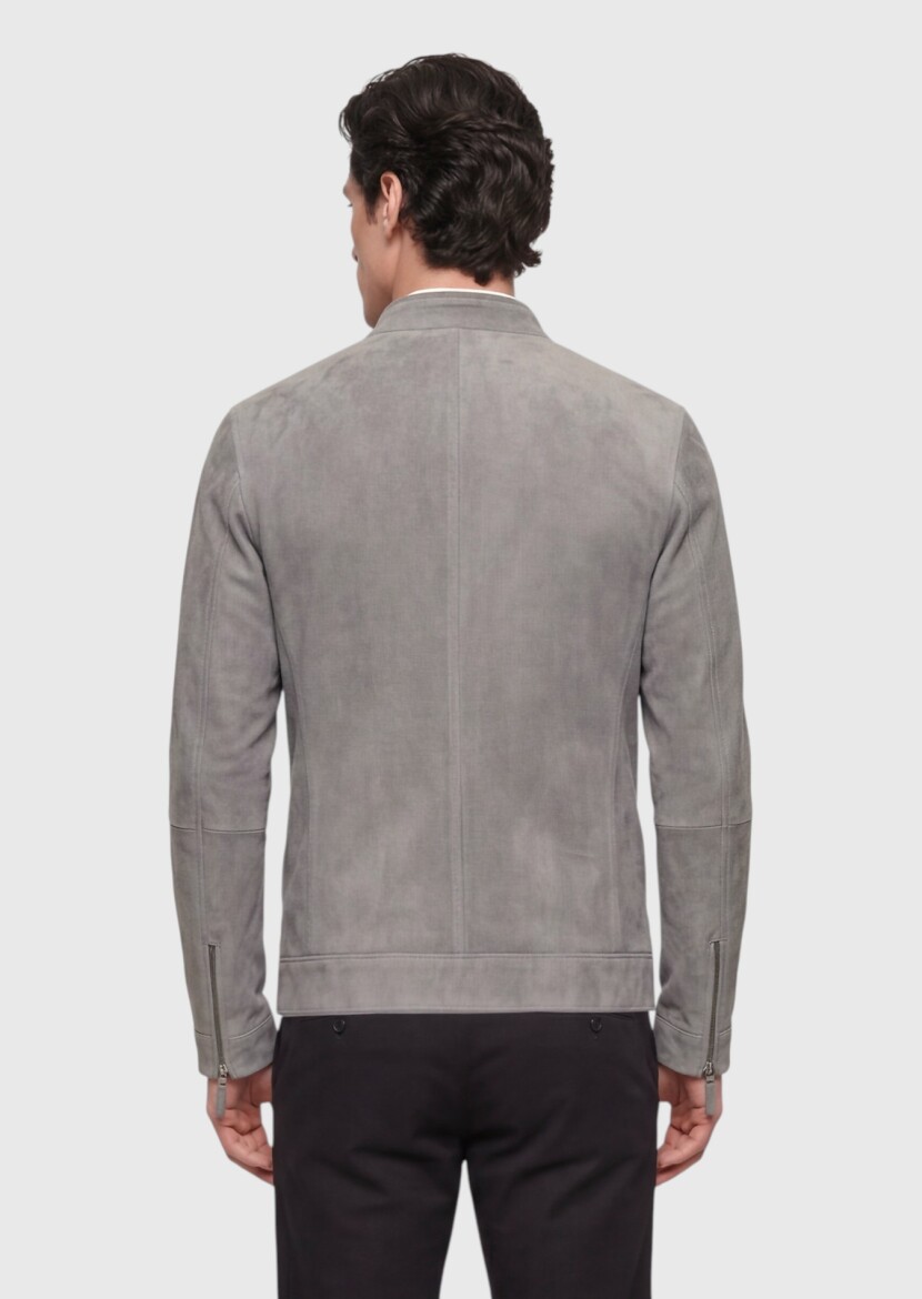 Dark Grey Regular Fit Turtleneck Casual Suede Leather Coat - 5