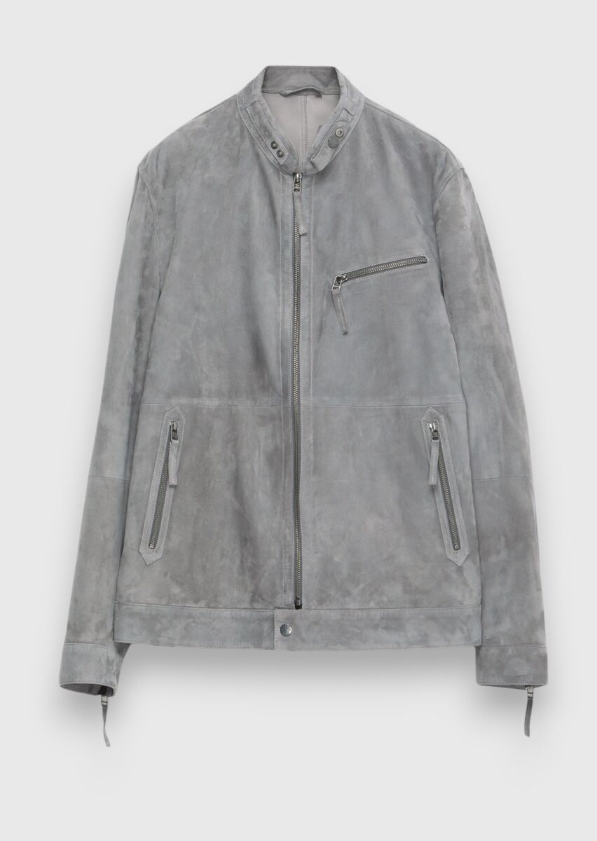 Dark Grey Regular Fit Turtleneck Casual Suede Leather Coat - 6