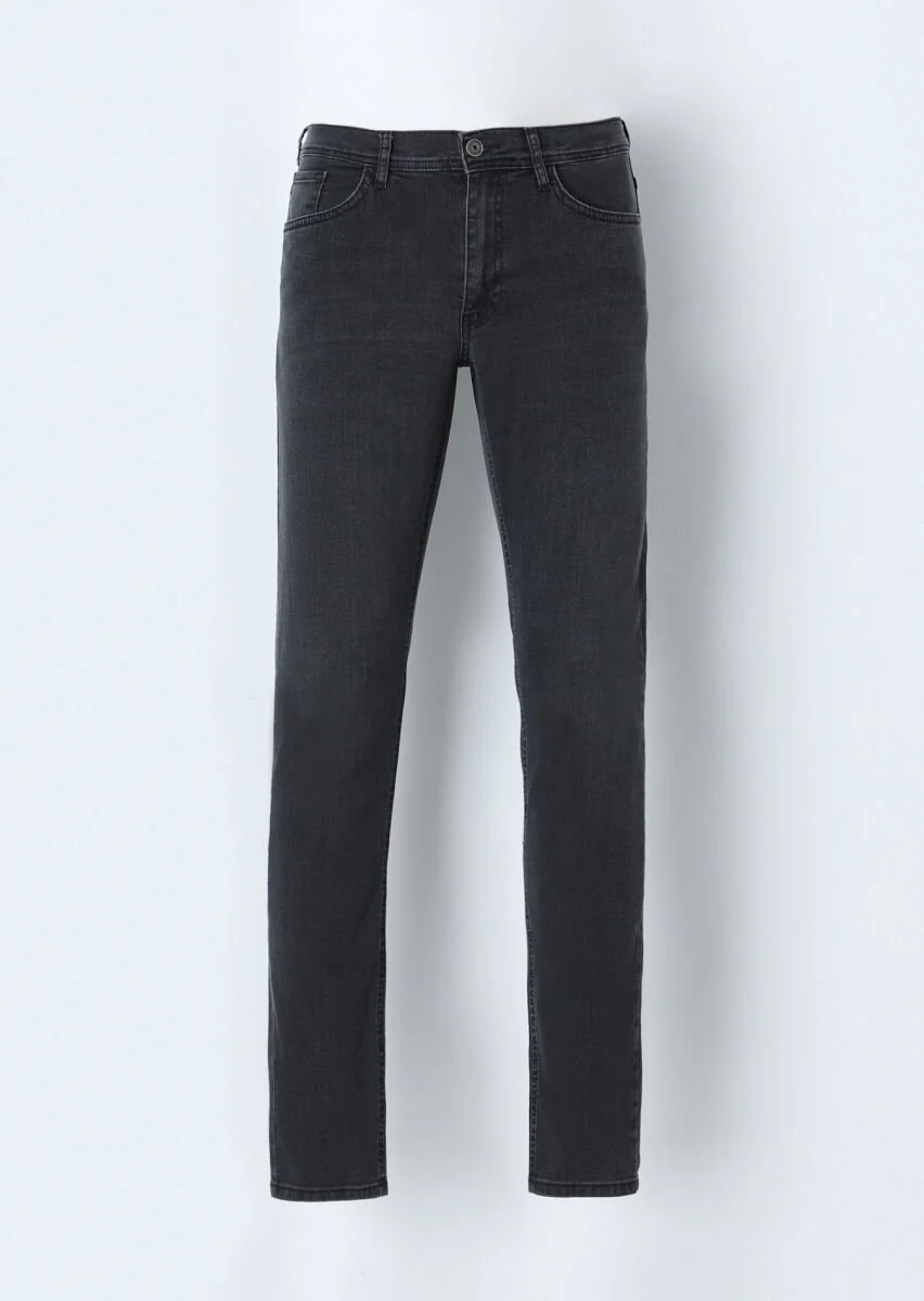 Dark Grey Slim Fit Denim Cotton Blended Trousers - 1
