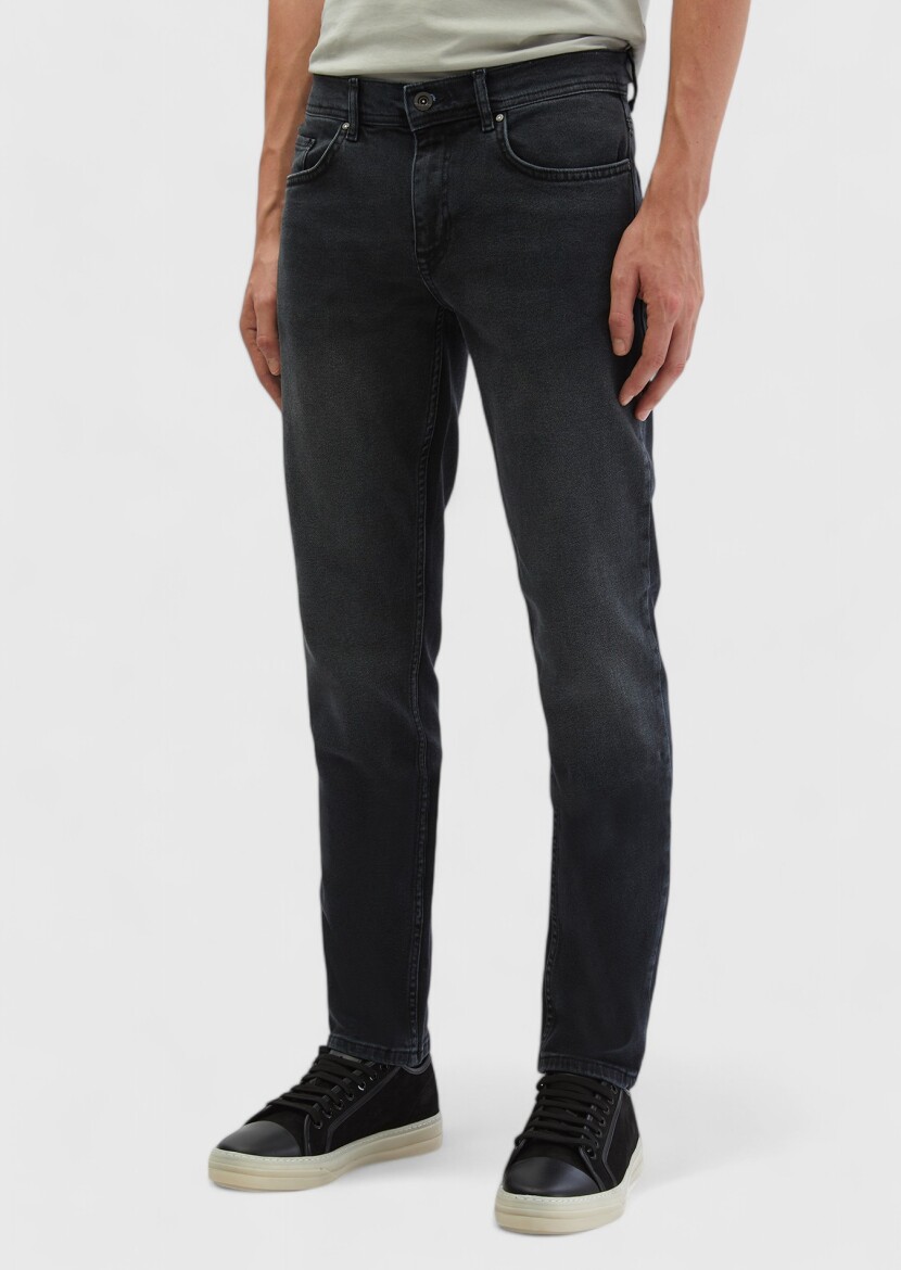 Dark Grey Slim Fit Denim Cotton Blended Trousers - 3