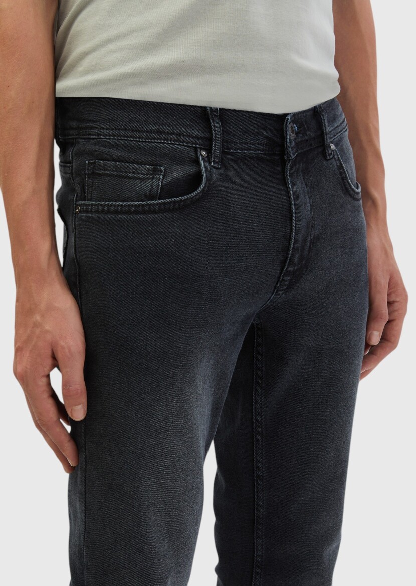 Dark Grey Slim Fit Denim Cotton Blended Trousers - 4