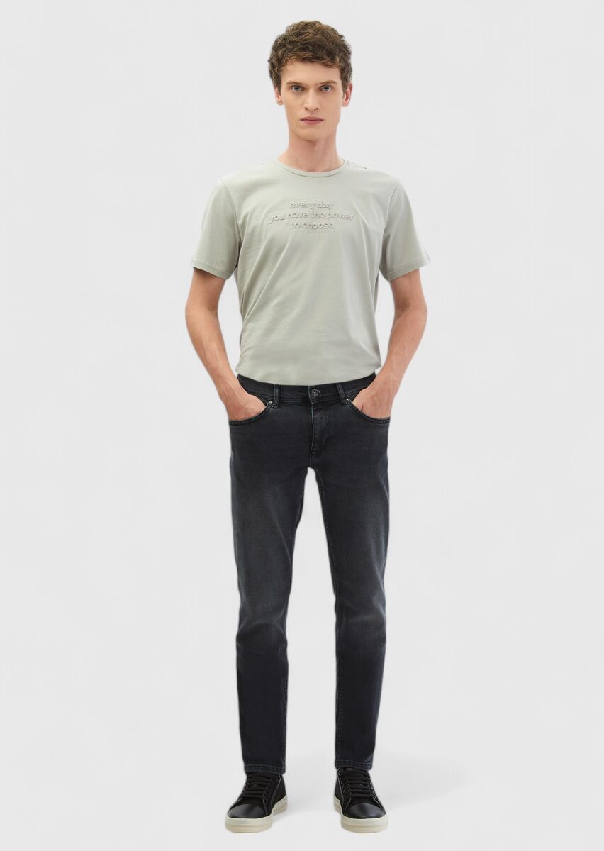 Dark Grey Slim Fit Denim Cotton Blended Trousers - 1