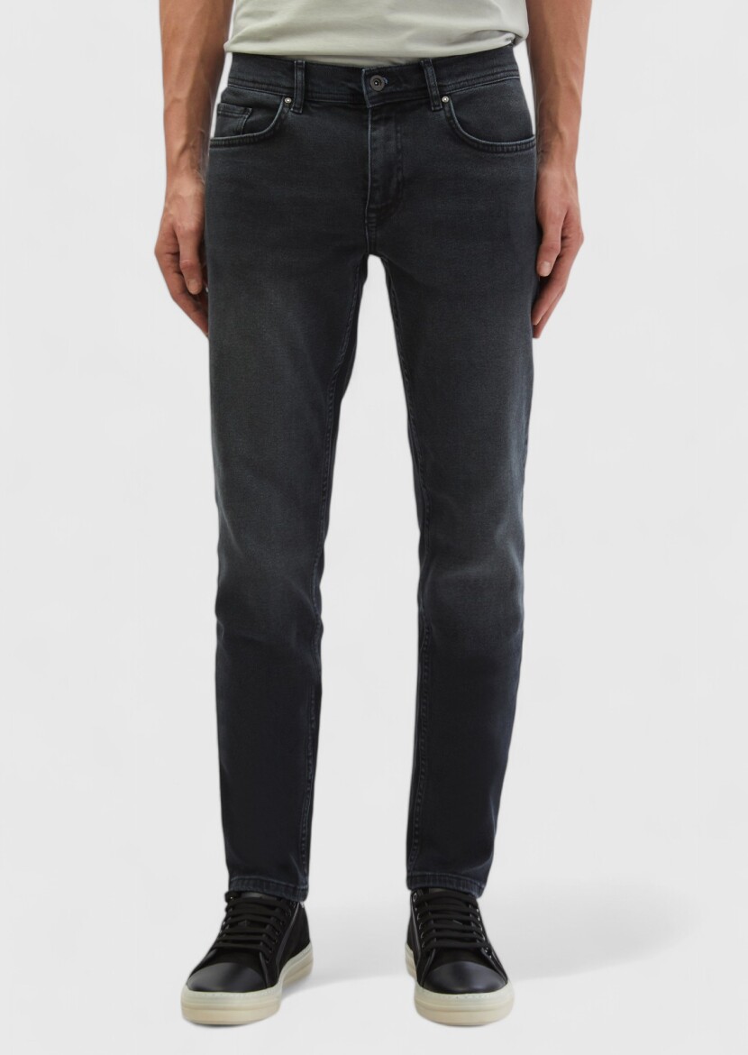 Dark Grey Slim Fit Denim Cotton Blended Trousers - 2