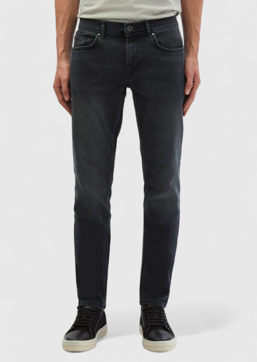 Dark Grey Slim Fit Denim Cotton Blended Trousers - 2