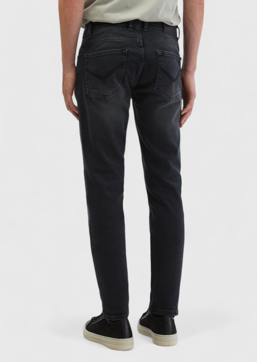 Dark Grey Slim Fit Denim Cotton Blended Trousers - 5