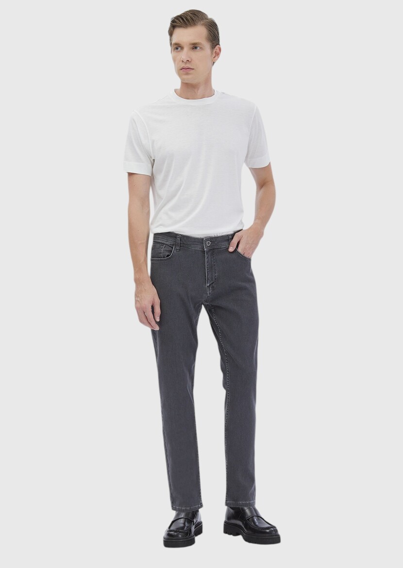 Dark Grey Slim Fit Denim Silk Blended Trousers - 1