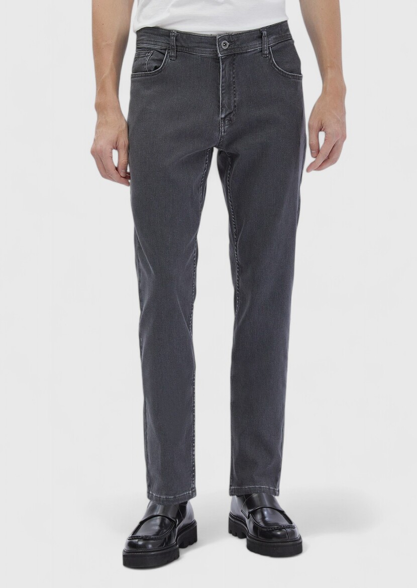 Dark Grey Slim Fit Denim Silk Blended Trousers - 2