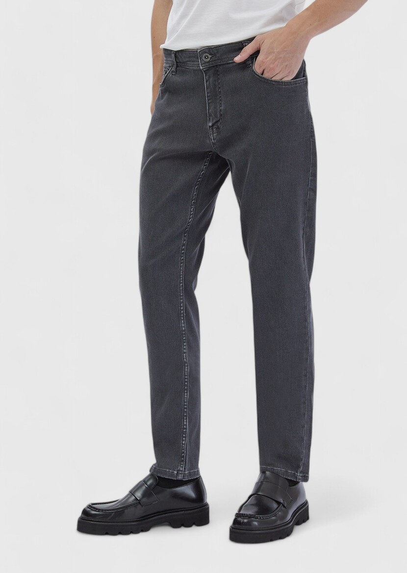 Dark Grey Slim Fit Denim Silk Blended Trousers - 3