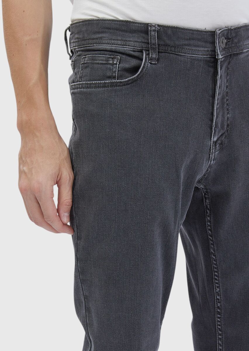 Dark Grey Slim Fit Denim Silk Blended Trousers - 4