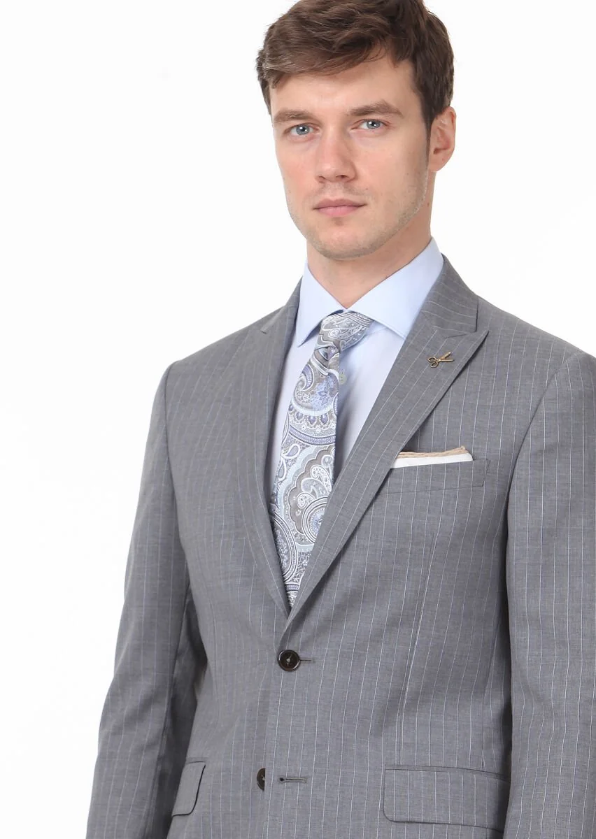 Dark Grey Striped Zeroweight Slim Fit 100% Wool Suit - 2