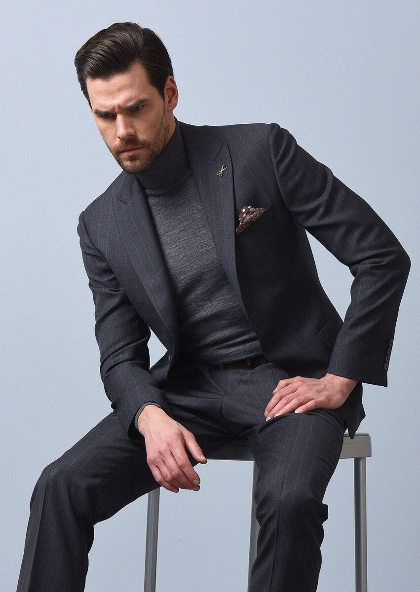 Dark Grey Striped Zeroweight Slim Fit 100% Wool Suit - 1