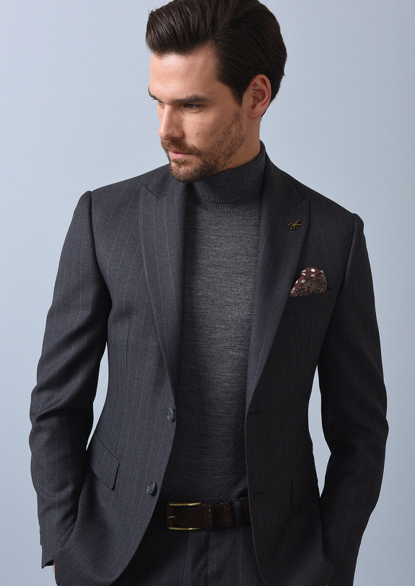Dark Grey Striped Zeroweight Slim Fit 100% Wool Suit - 2