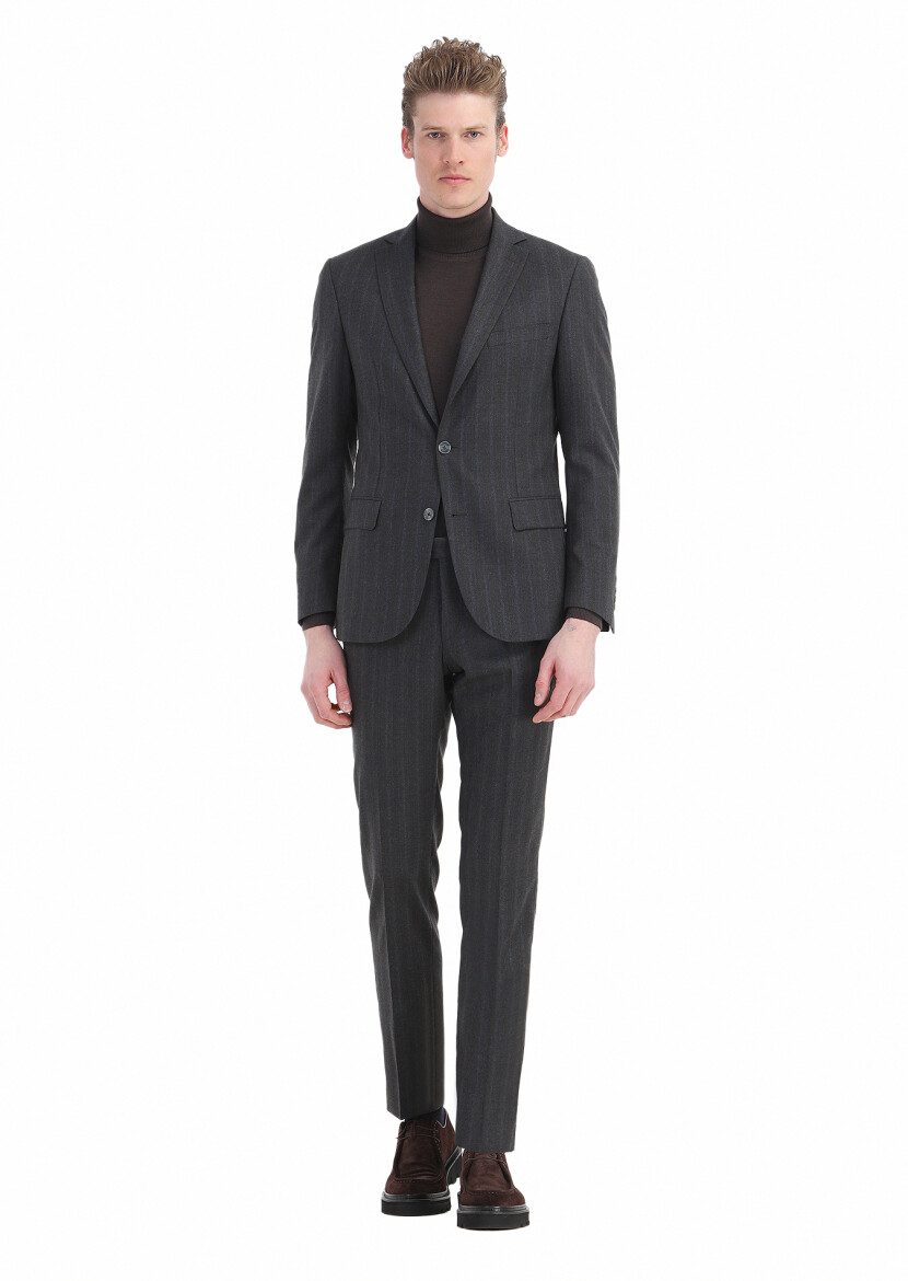 Dark Grey Striped Zeroweight Slim Fit Wool Blended Suit 