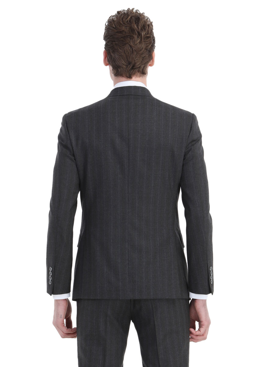 Dark Grey Striped Zeroweight Slim Fit Wool Blended Suit - 7