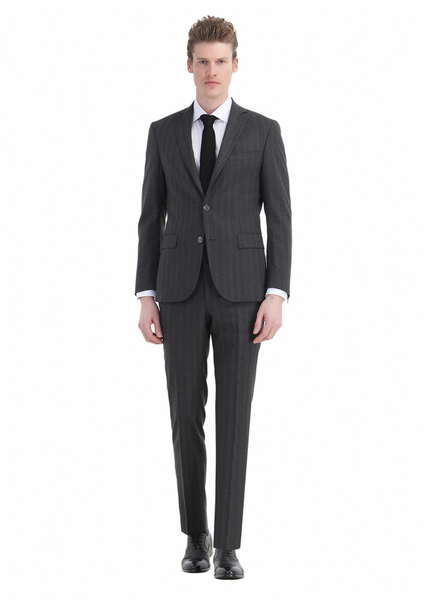 Dark Grey Striped Zeroweight Slim Fit Wool Blended Suit - 1