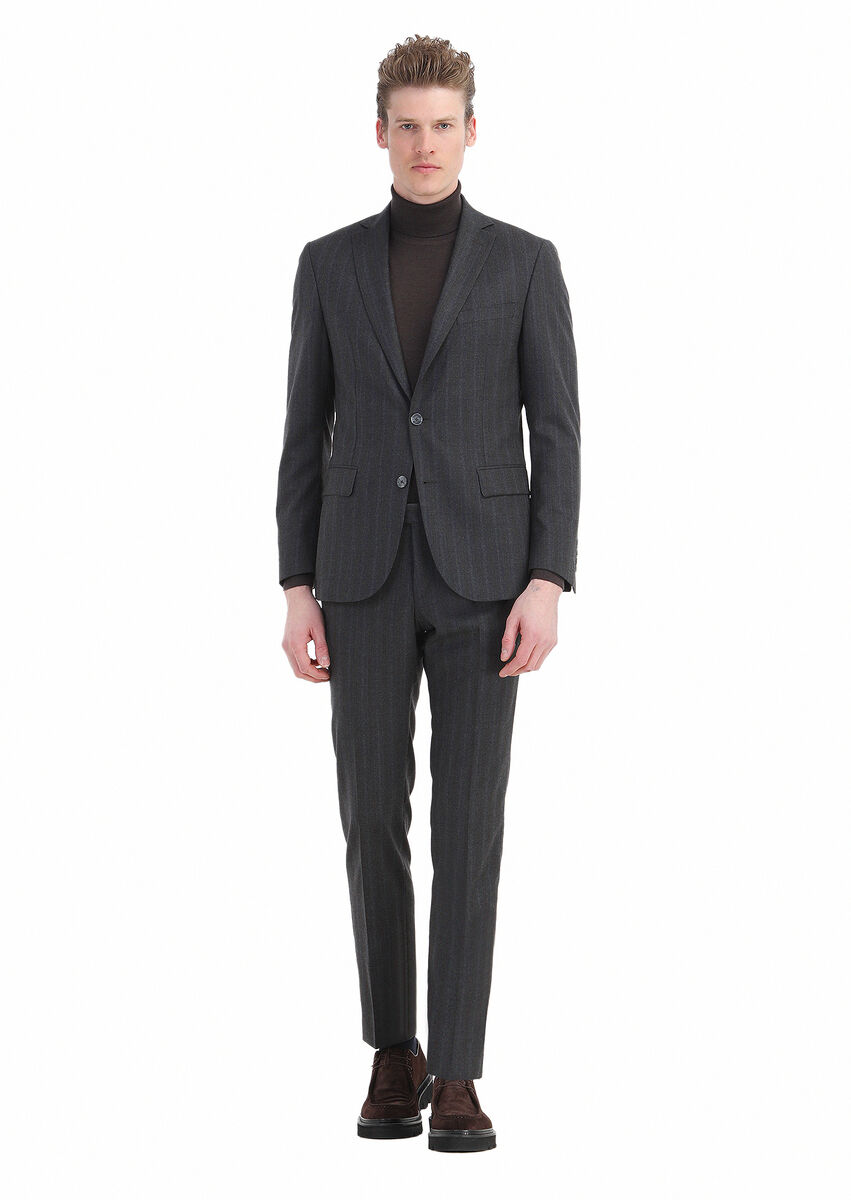 Dark Grey Striped Zeroweight Slim Fit Wool Blended Suit - 2