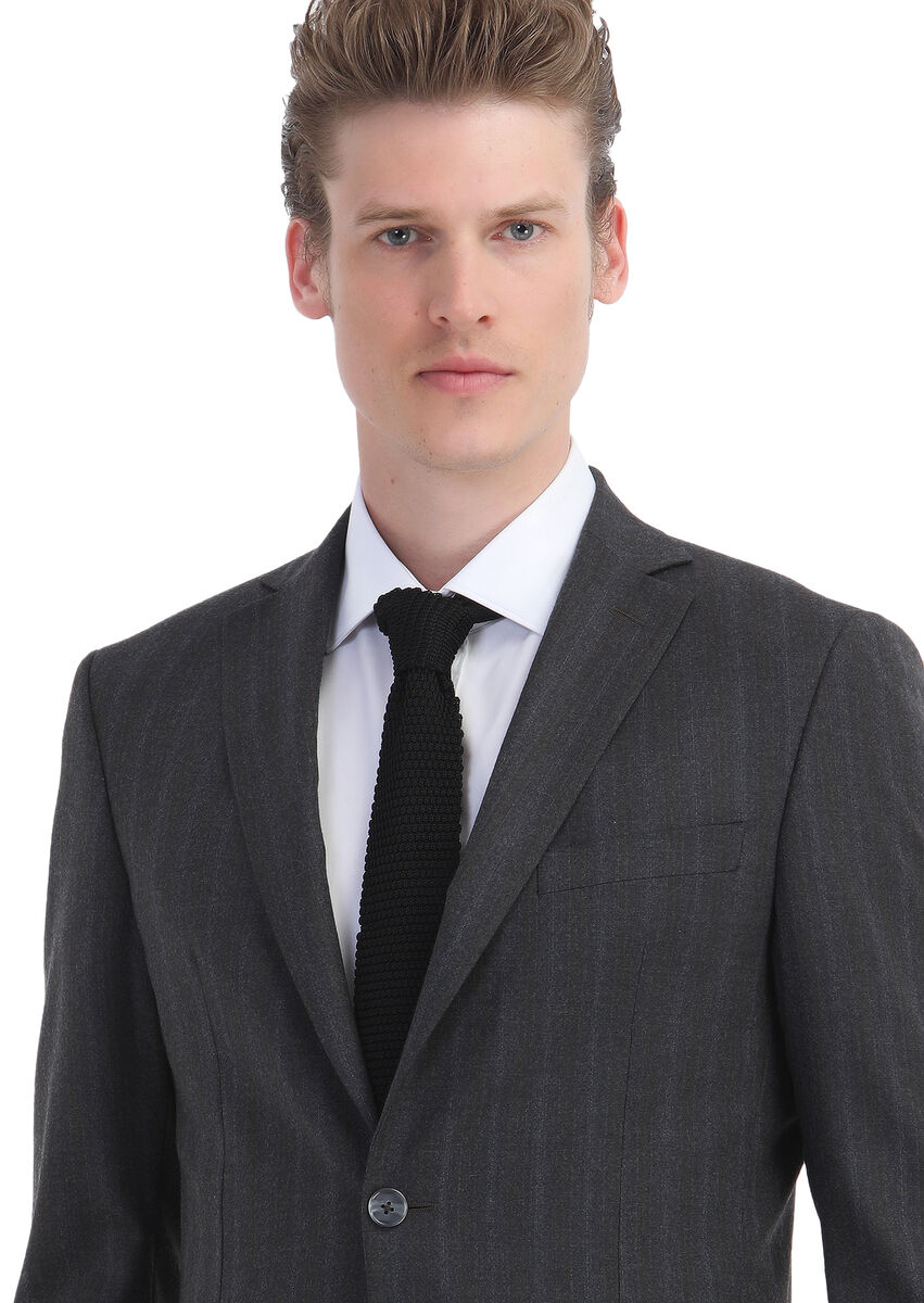 Dark Grey Striped Zeroweight Slim Fit Wool Blended Suit - 3