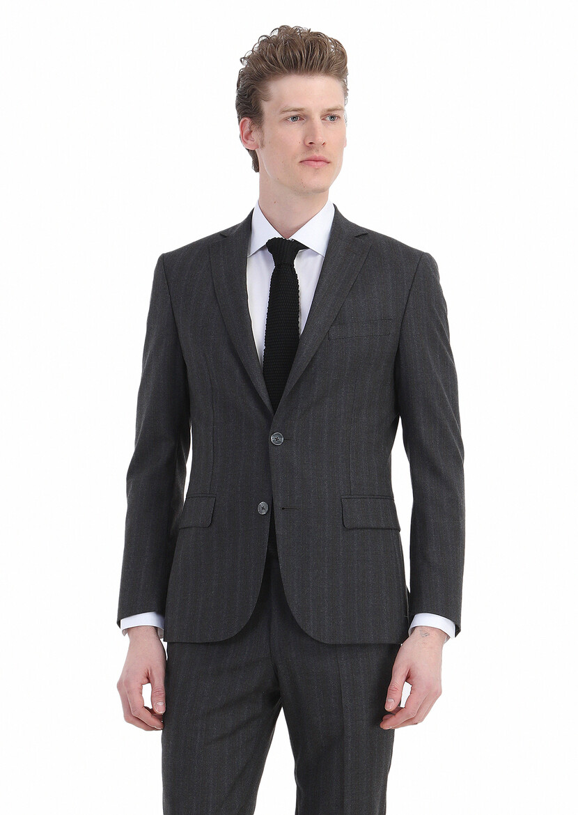 Dark Grey Striped Zeroweight Slim Fit Wool Blended Suit - 4